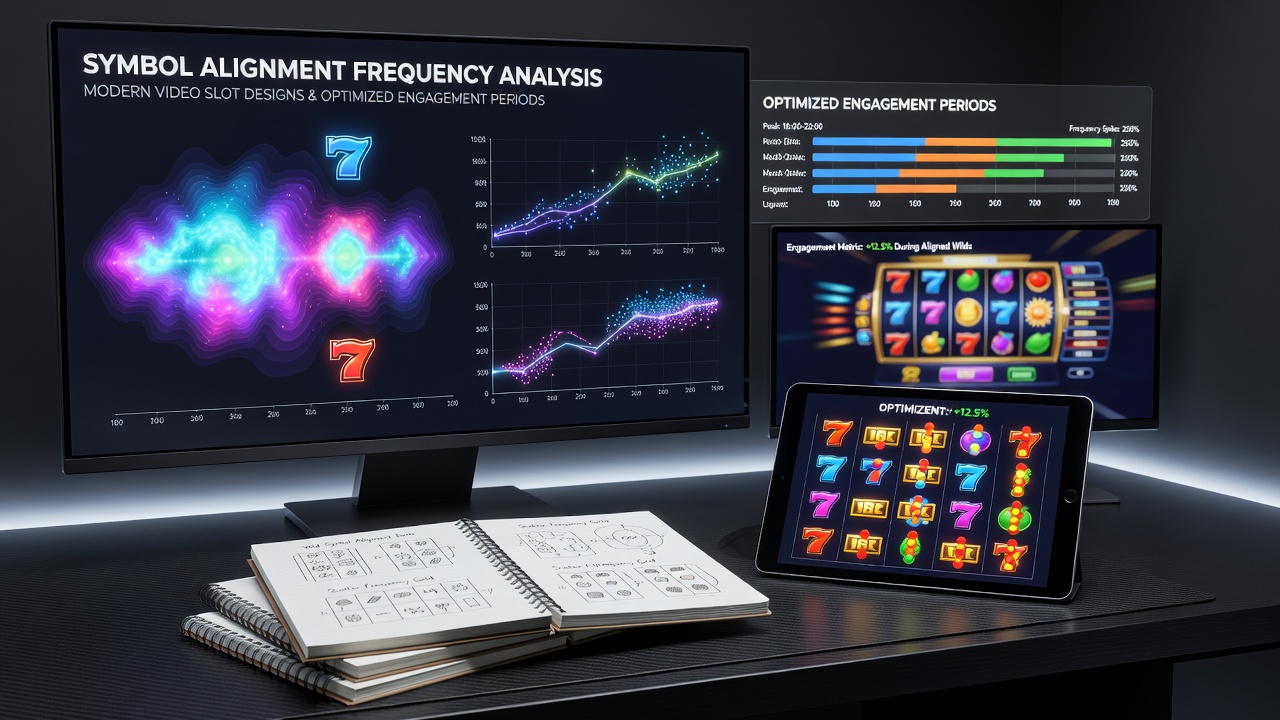 Analytical dashboard displaying symbol alignment frequency charts and engagement period graphs for video slot optimization