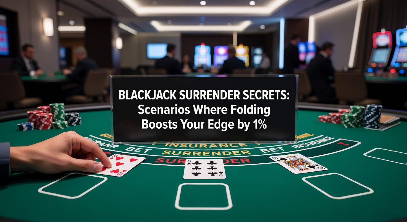 Blackjack table with cards showing a surrender scenario against a dealer's strong upcard