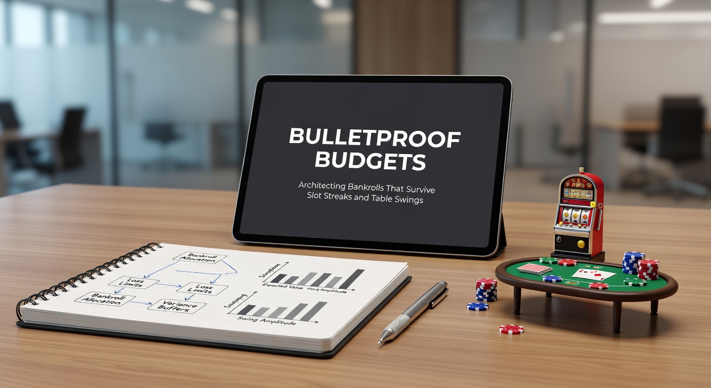 Close-up of poker chips stacked beside a notebook scribbled with bankroll formulas and slot volatility charts, illustrating practical planning tools