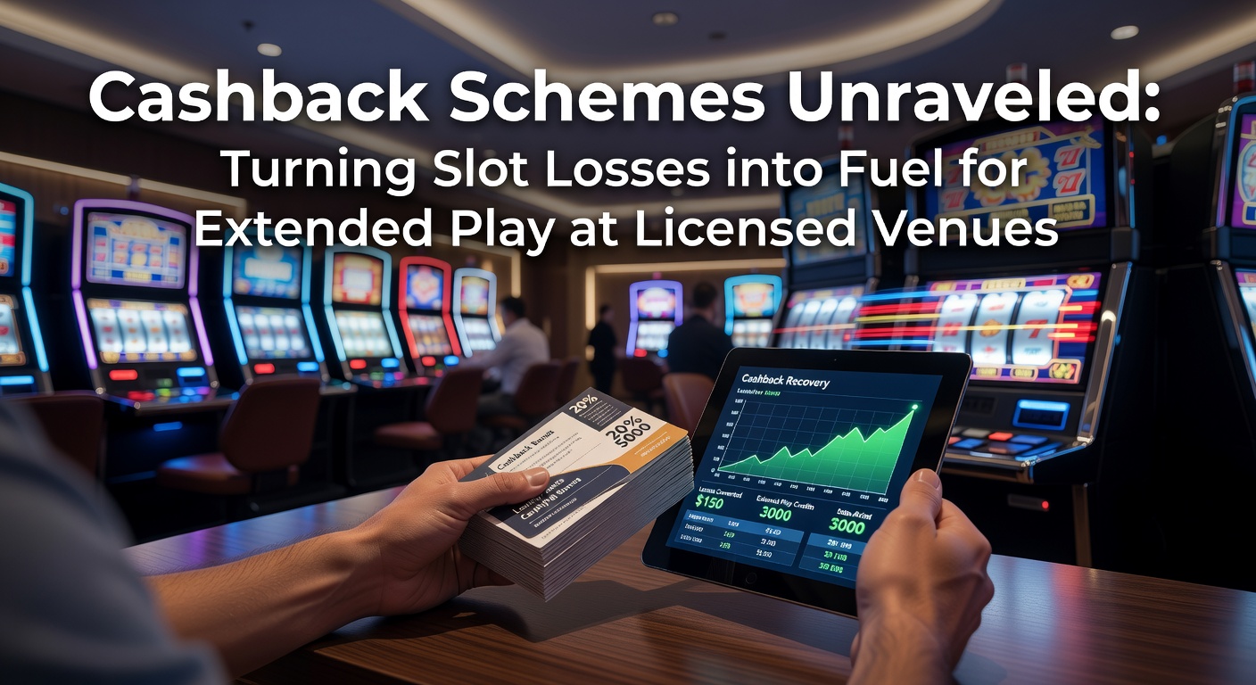 Casino slot machines displaying vibrant graphics with cashback promotion overlay, illustrating loss recovery in action at a licensed venue