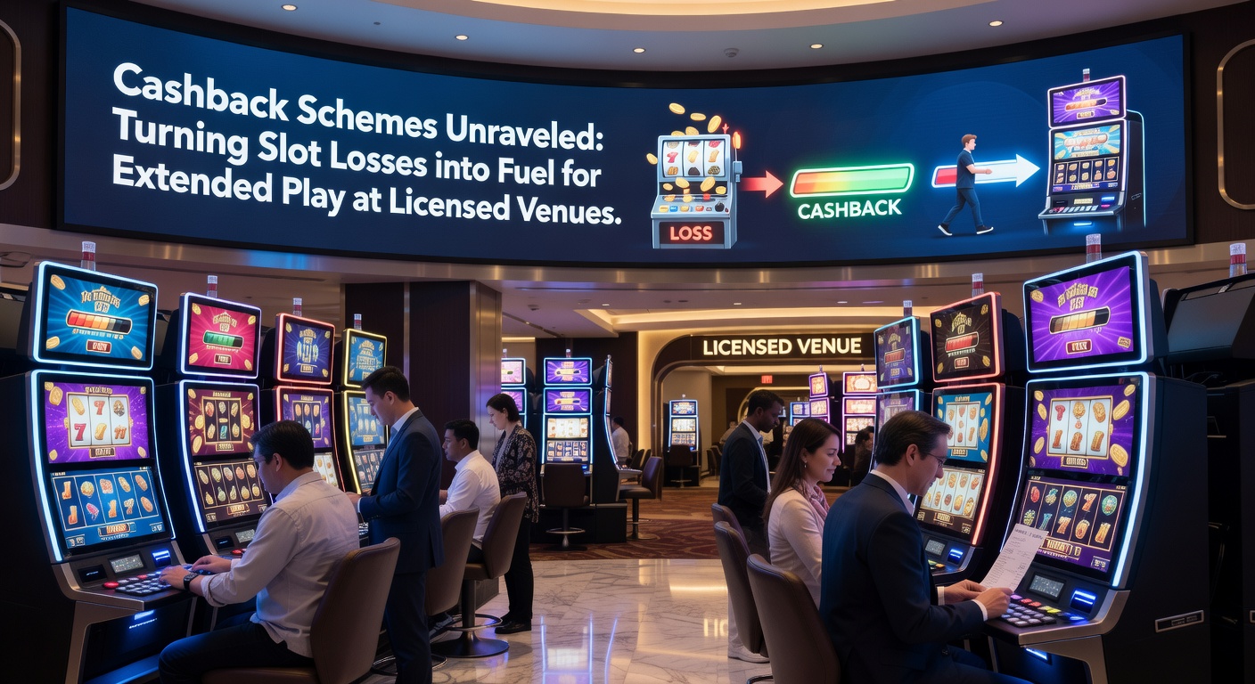 Graph charting cashback rebate percentages against extended slot playtime, with icons of coins and slot reels symbolizing loss-to-fuel conversion