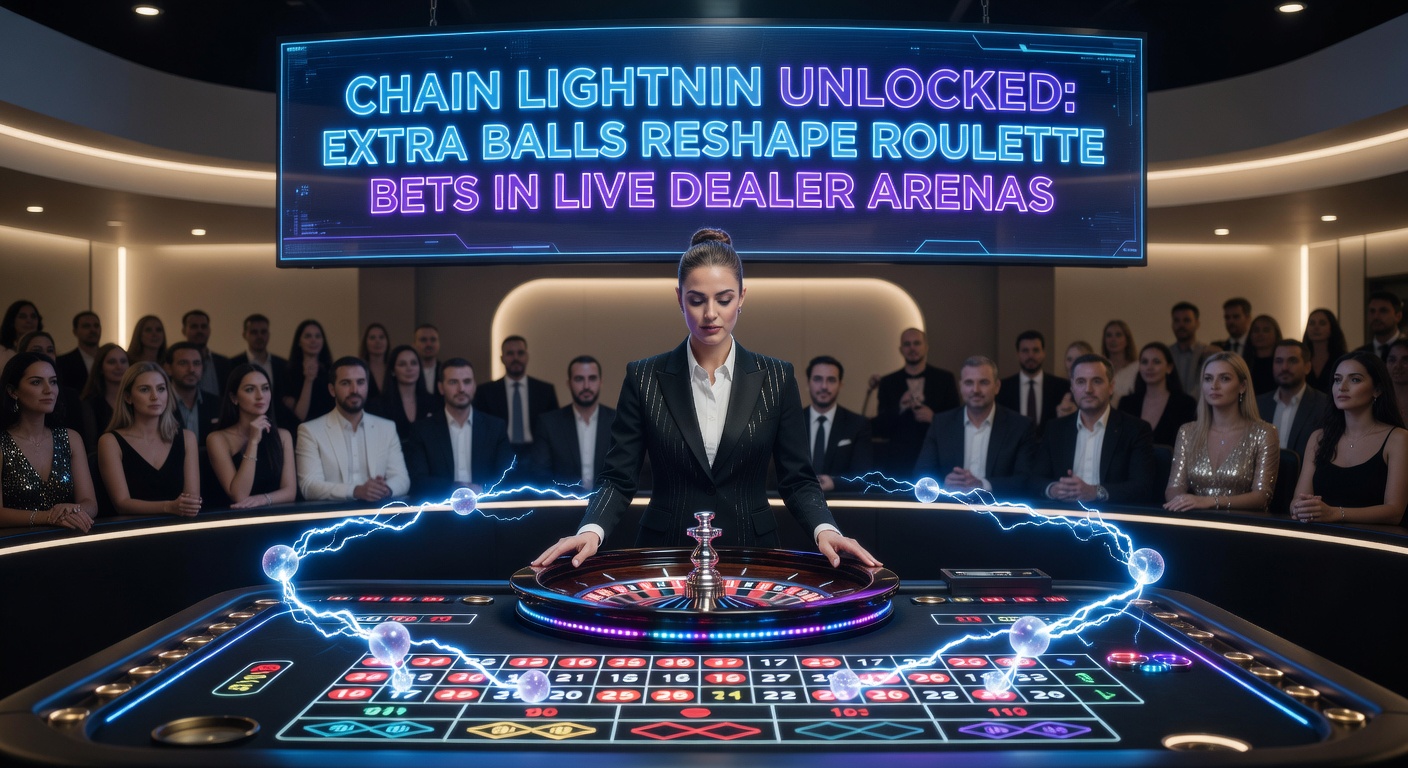 Close-up of a Chain Lightning Roulette extra ball draw, with the dealer releasing a glowing ball amid cheering players and flashing multiplier chains on the digital display