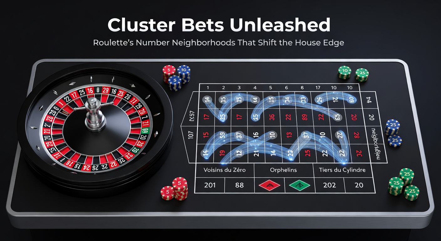 Close-up of roulette table layout with chips placed on Voisins du Zero cluster bet, showing split and corner positions