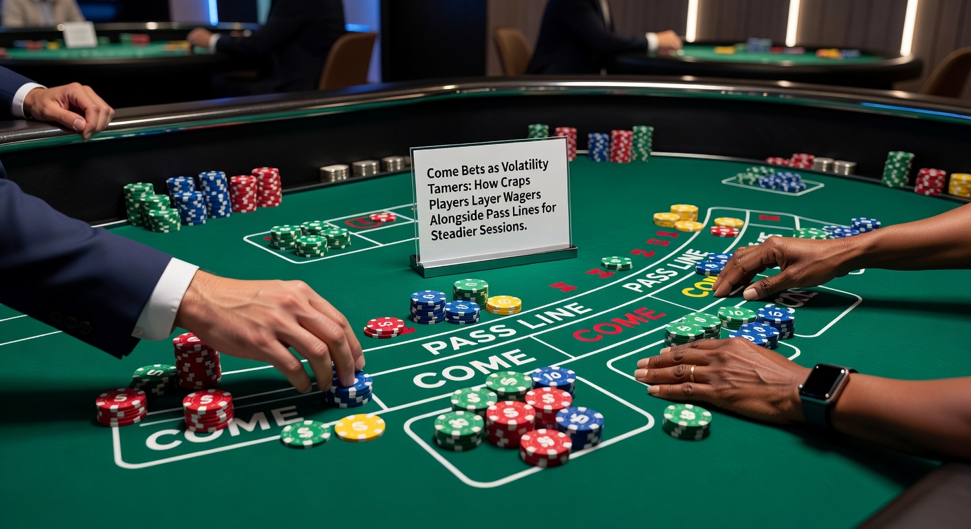 Close-up of dice rolling towards a point number on a craps table, illustrating come bet progression