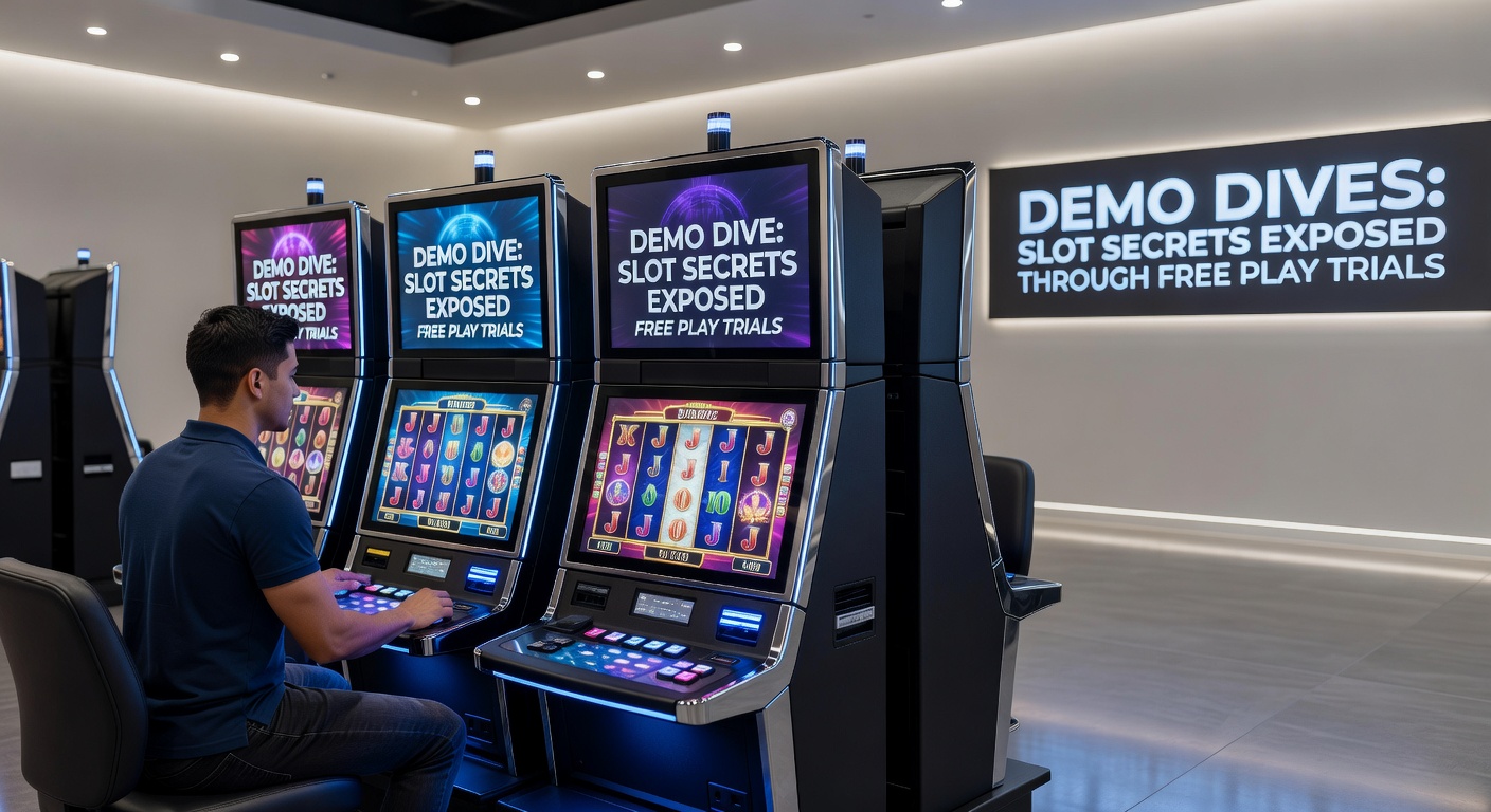 A vibrant slot machine demo screen displaying spinning reels, bonus features, and payout tables during a free play trial