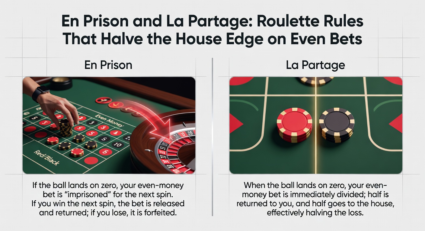 Roulette table layout illustrating La Partage rule, with zero payout and half-return on even bets highlighted