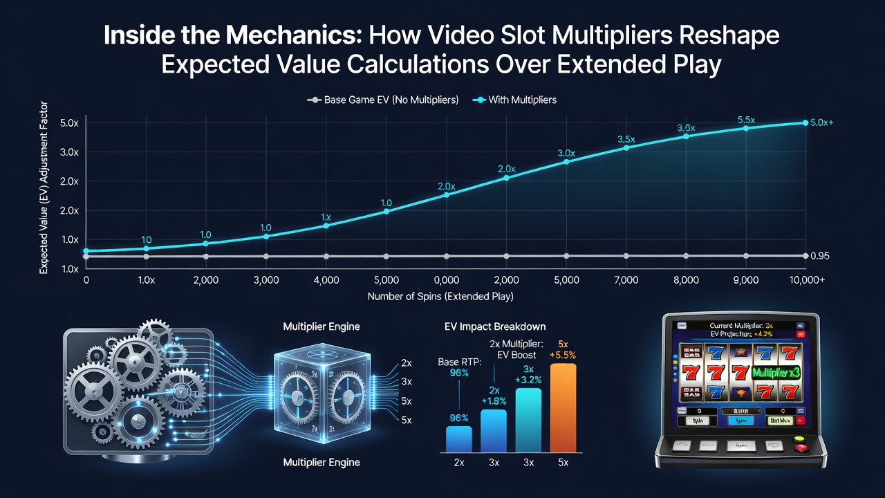 Graph showing expected value shifts in video slots with multipliers across extended play sessions