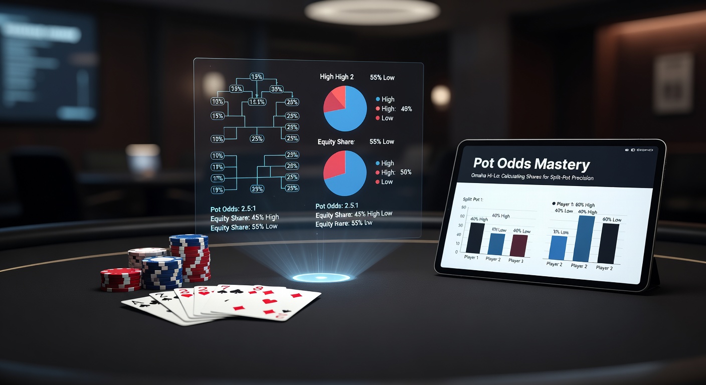 Visual breakdown of pot odds equity shares in an Omaha Hi-Lo hand, showing high and low pot divisions with sample cards and calculations