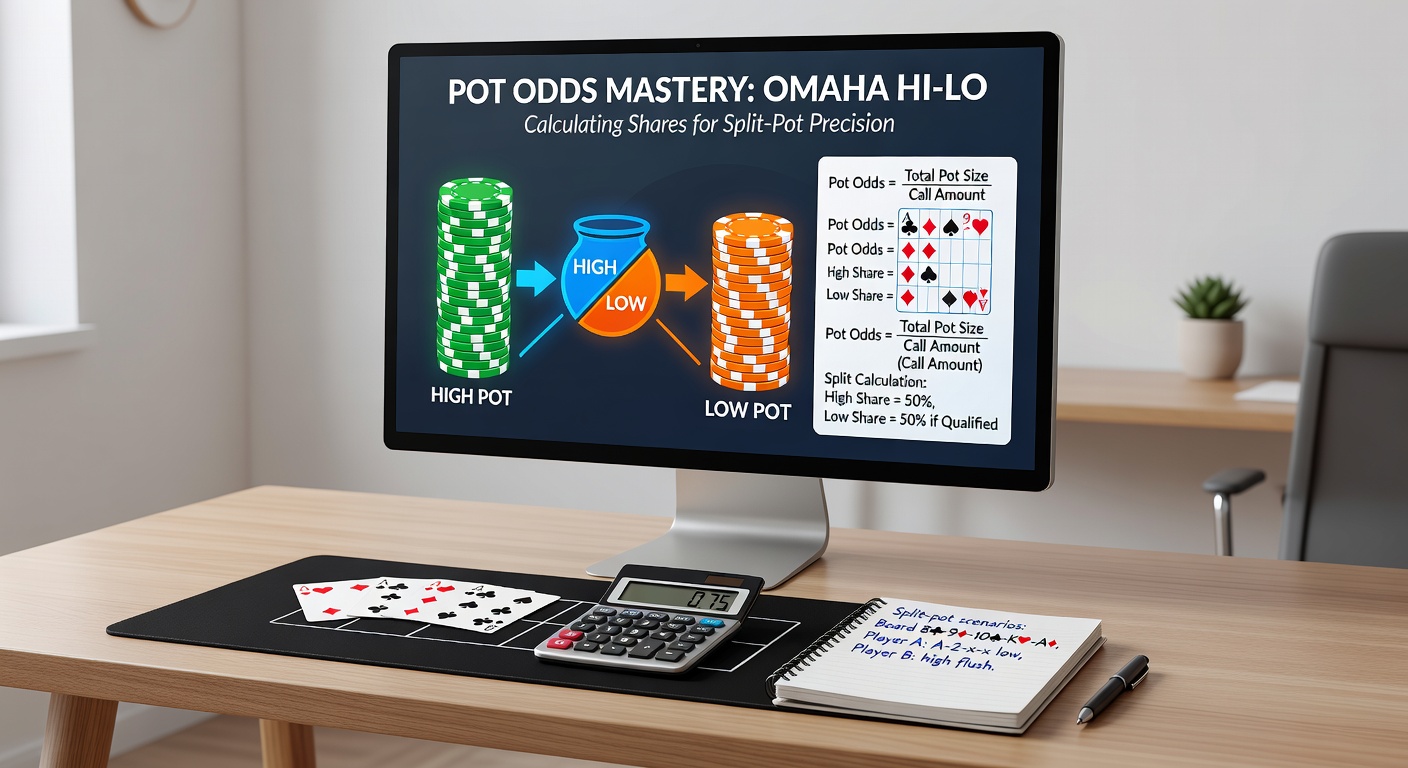 Close-up example of an Omaha Hi-Lo board with equity pie chart dividing pot shares between high flush, nut low, and counterfeited draws