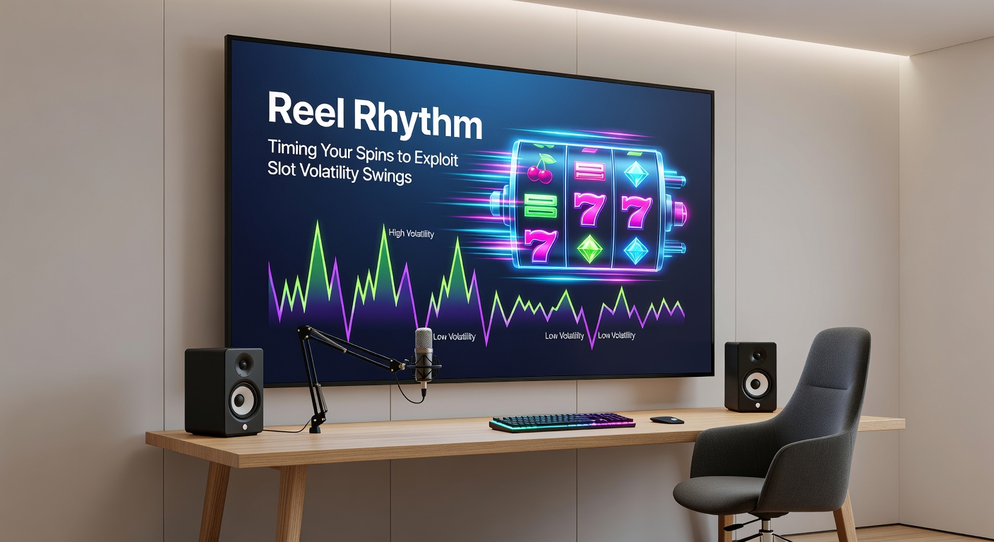 Close-up of a slot volatility meter fluctuating between high and low phases, with overlaid charts of spin timing strategies