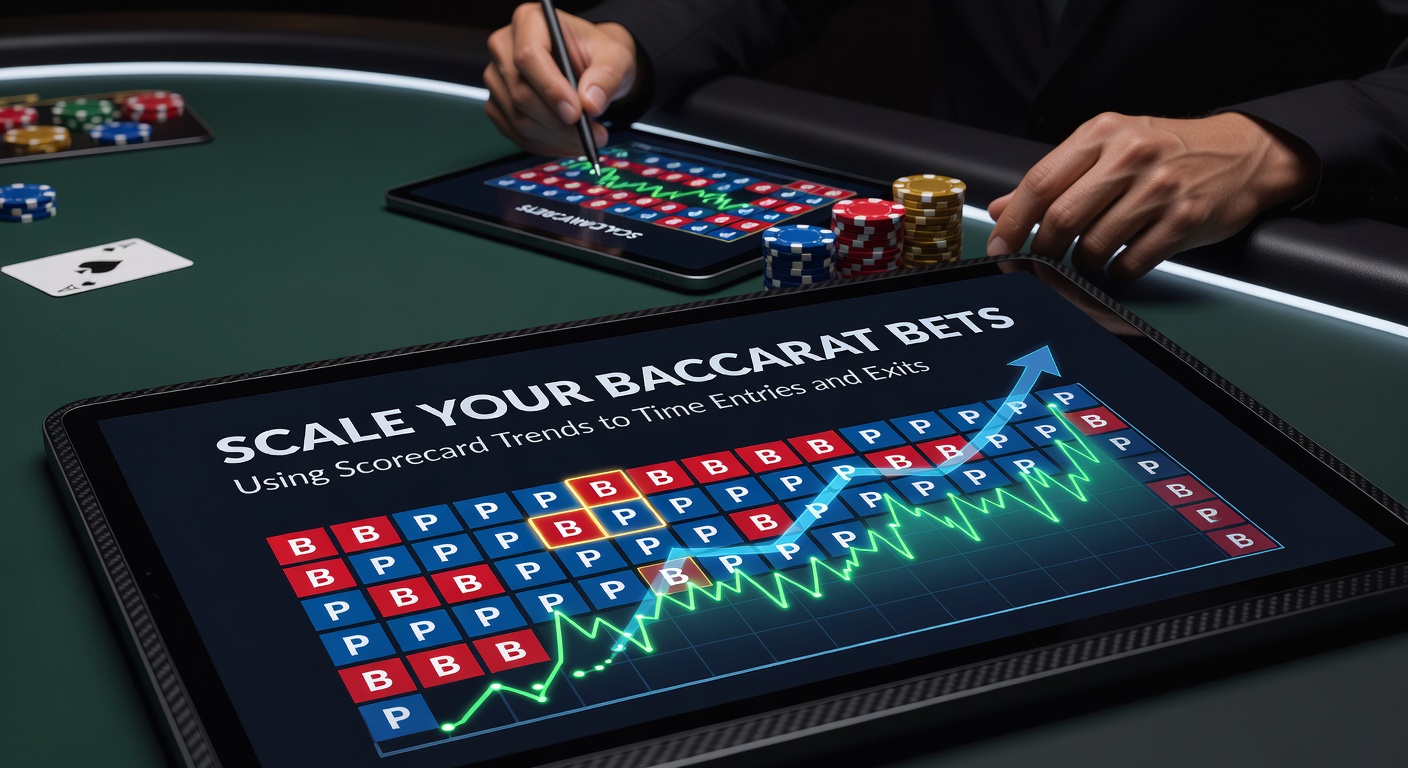 Baccarat scorecard displaying streaks of Banker and Player wins with marked trends for bet scaling