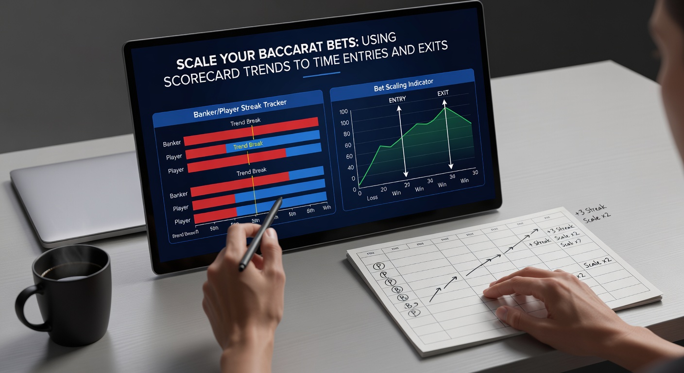 Close-up of baccarat trends on a scorecard with annotations for entry points during streaks and exit signals on chops