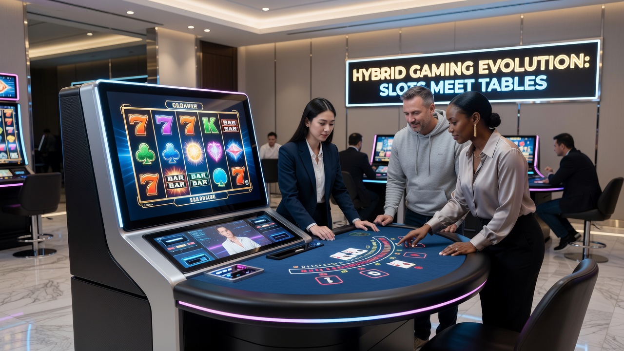 Players engaging with hybrid slot-table games on casino floors showing digital reels alongside card tables