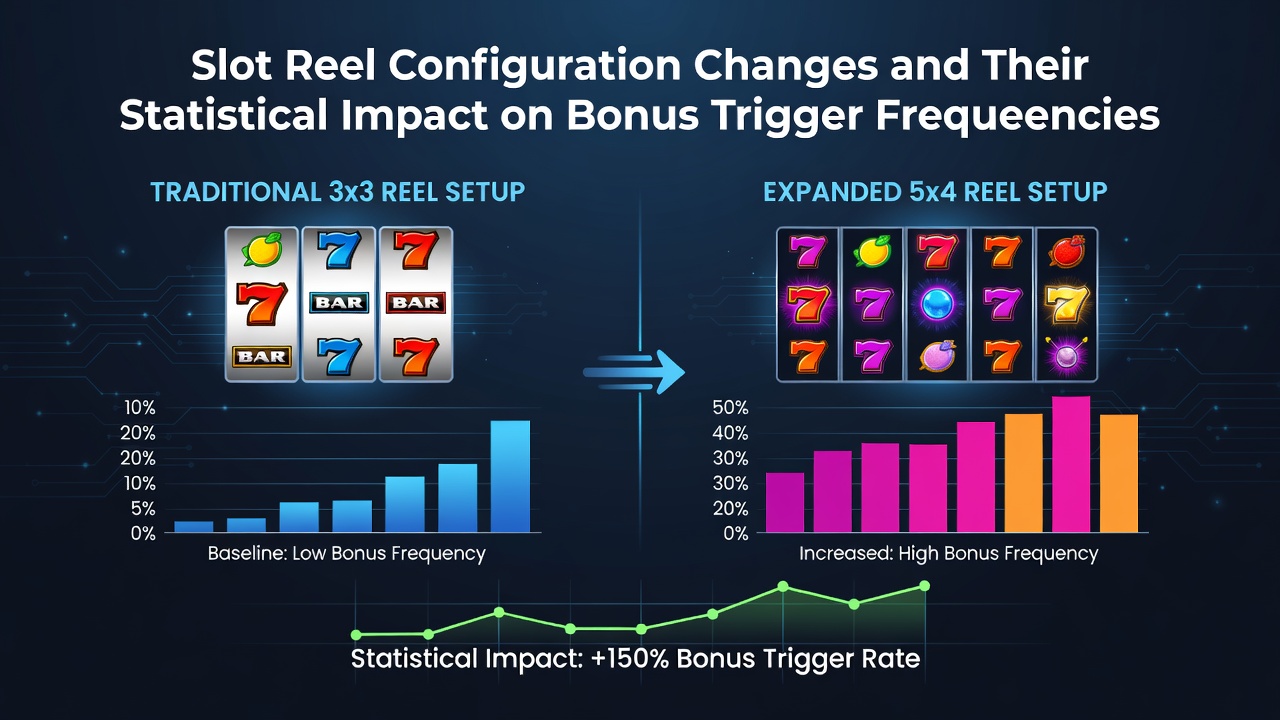 Graphical representation of probability curves comparing bonus trigger frequencies before and after reel configuration adjustments