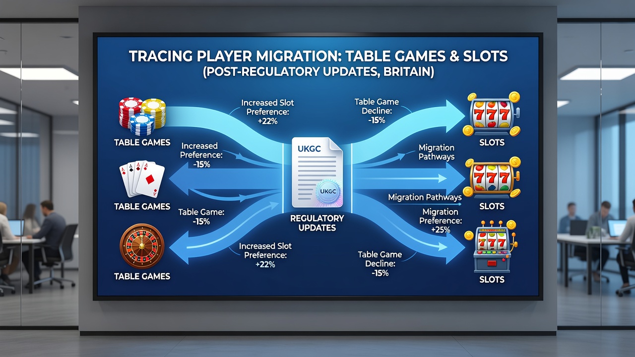 Data visualization charts displaying player migration trends between table games and slots in British casinos post-regulatory updates