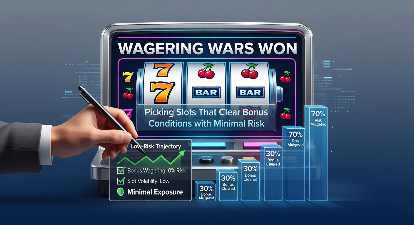 Digital slot reels spinning with glowing bonus symbols and wagering meters in the background, illustrating low-risk bonus clearing strategies